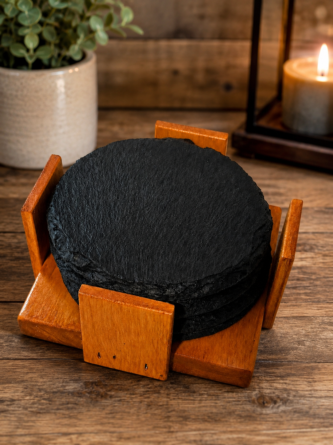 Custom Engraved Round Slate Coaster Set of 4 with Holder