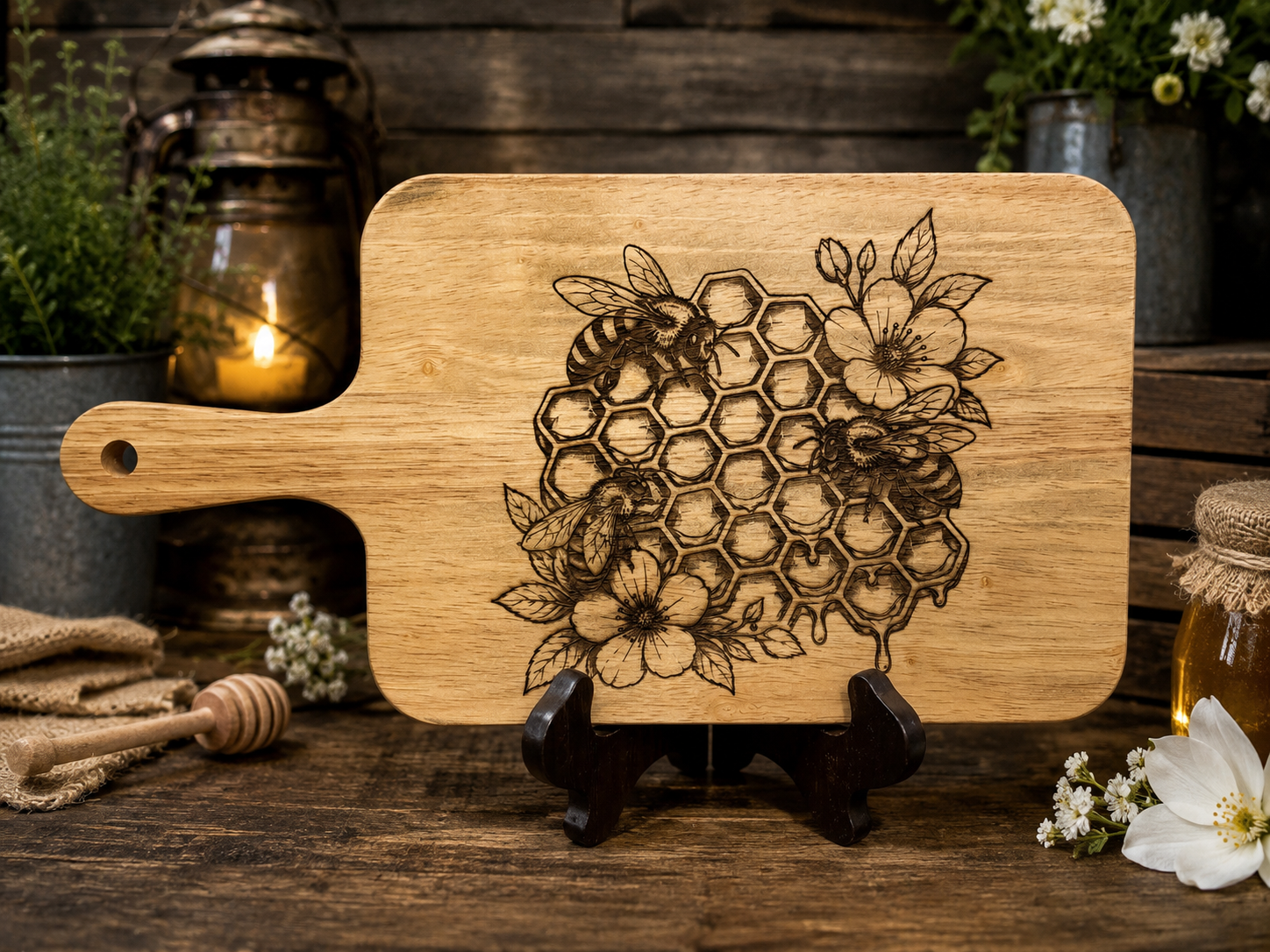 Laser Engraved Bee & Honeycomb Oak Cutting Board