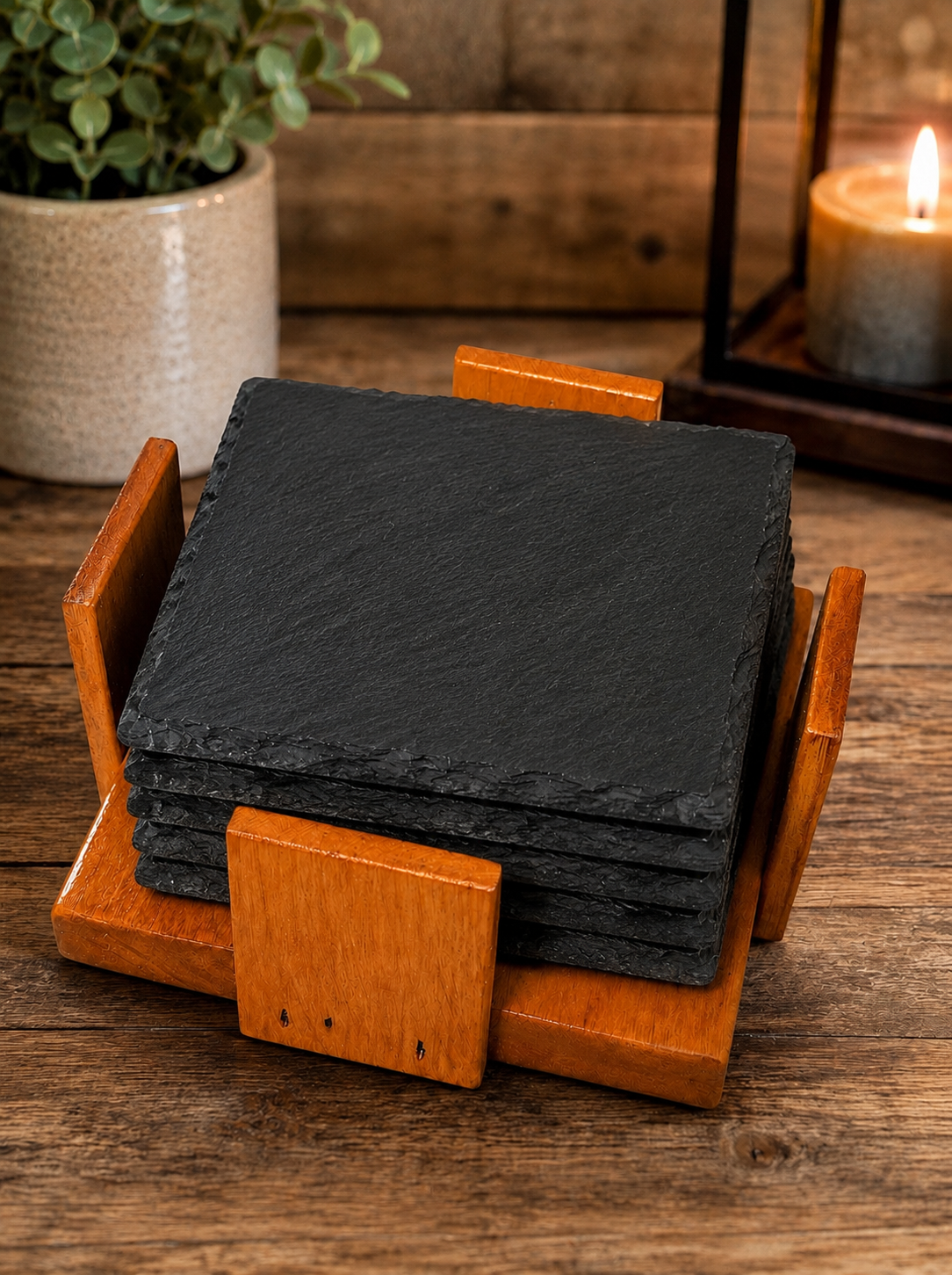 Custom Engraved Square Slate Coaster Set of 4 with Holder