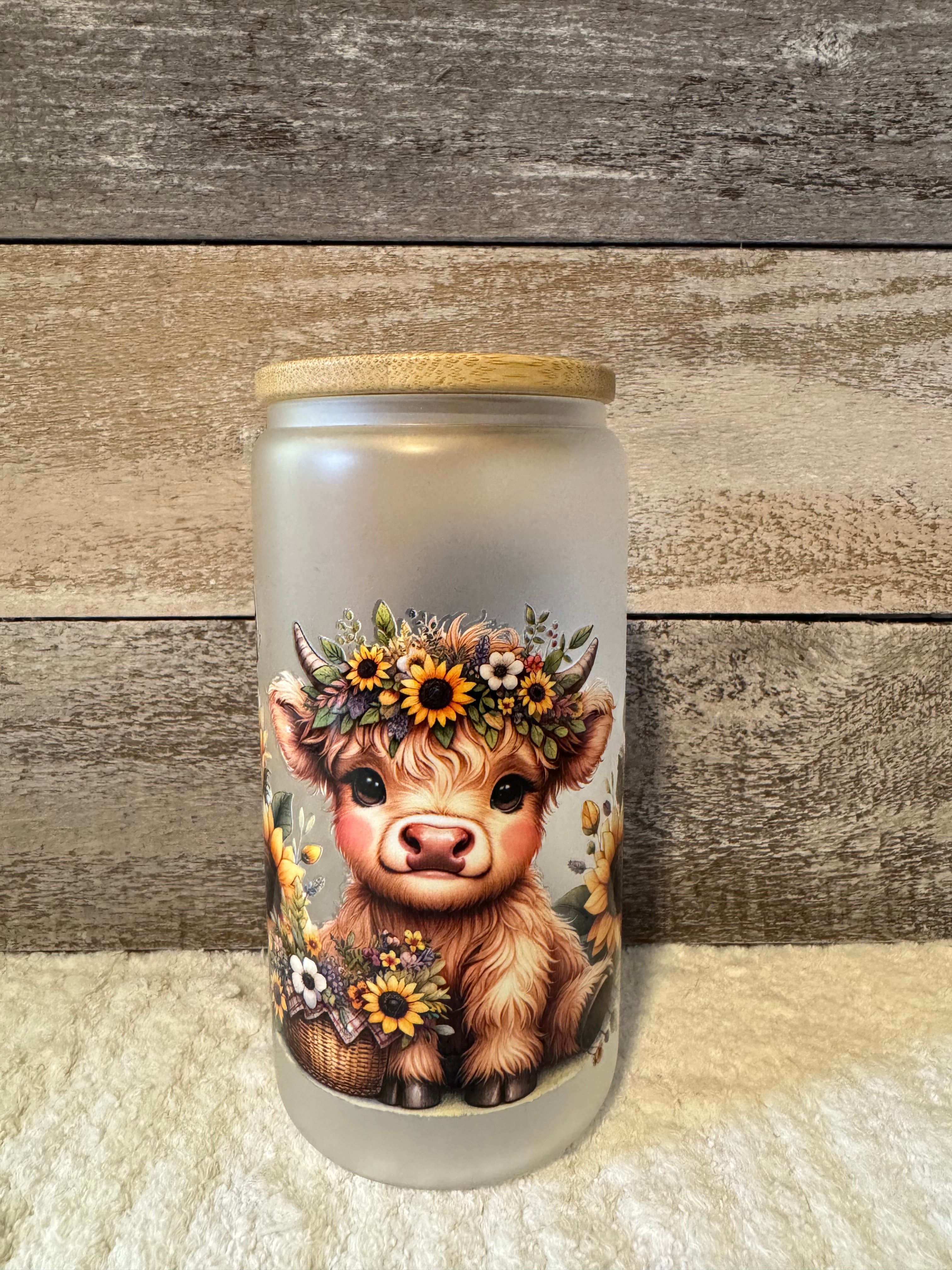 Baby Highland Cow Sunflower Glass Coffee Cup with Lid and Straw