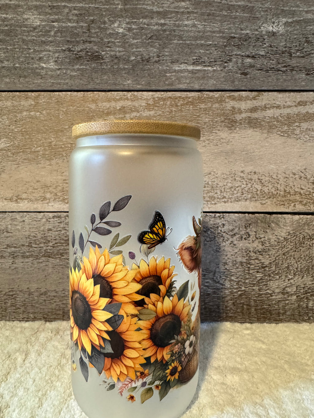 Baby Highland Cow Sunflower Glass Coffee Cup with Lid and Straw