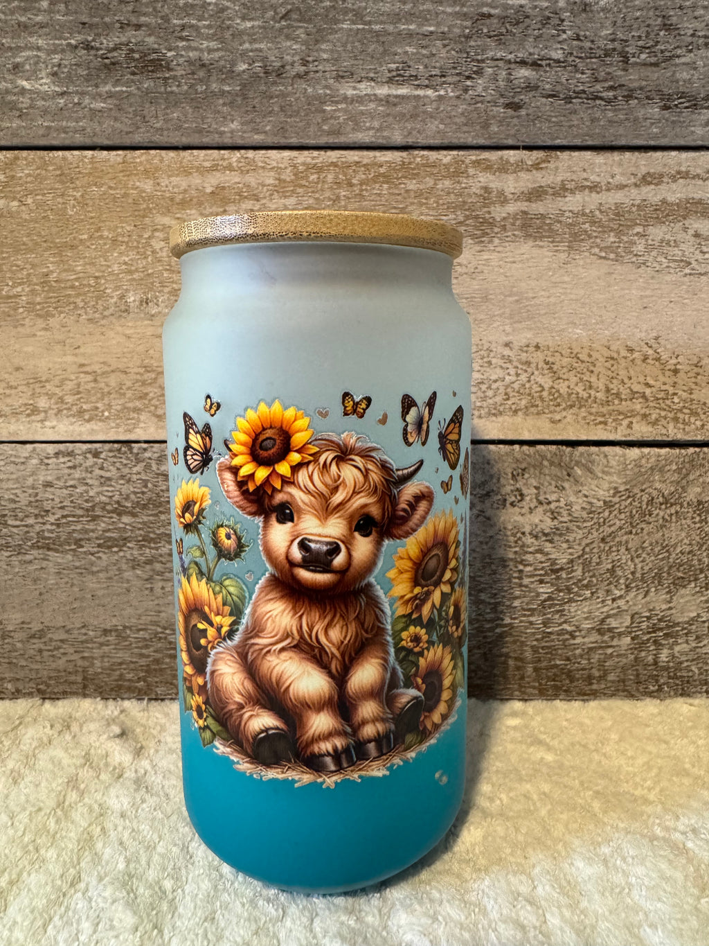 Baby Highland Cow Sunflower Frosted Glass Cold Cup