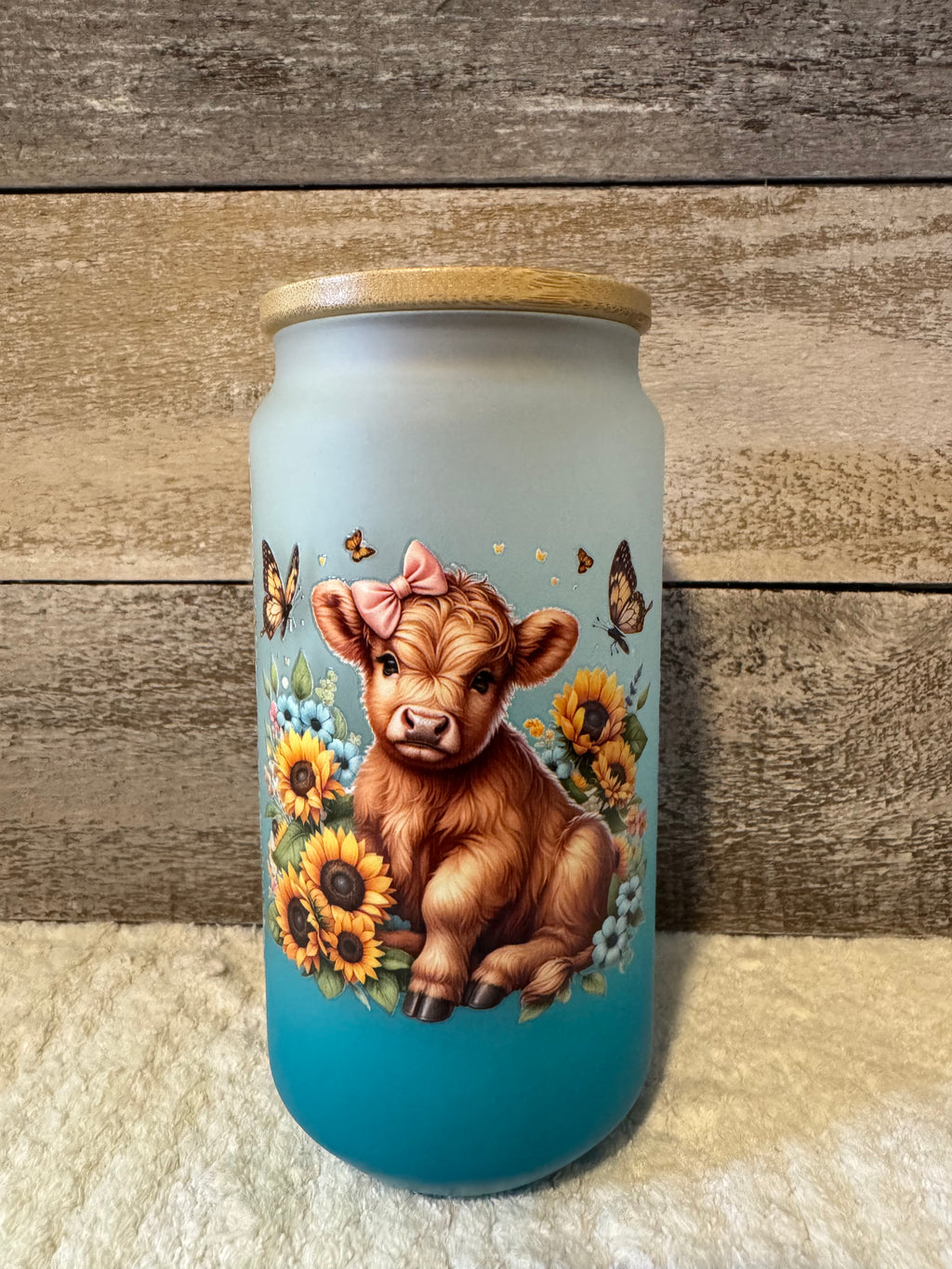 Baby Highland Cow Sunflower Frosted Glass Cold Cup