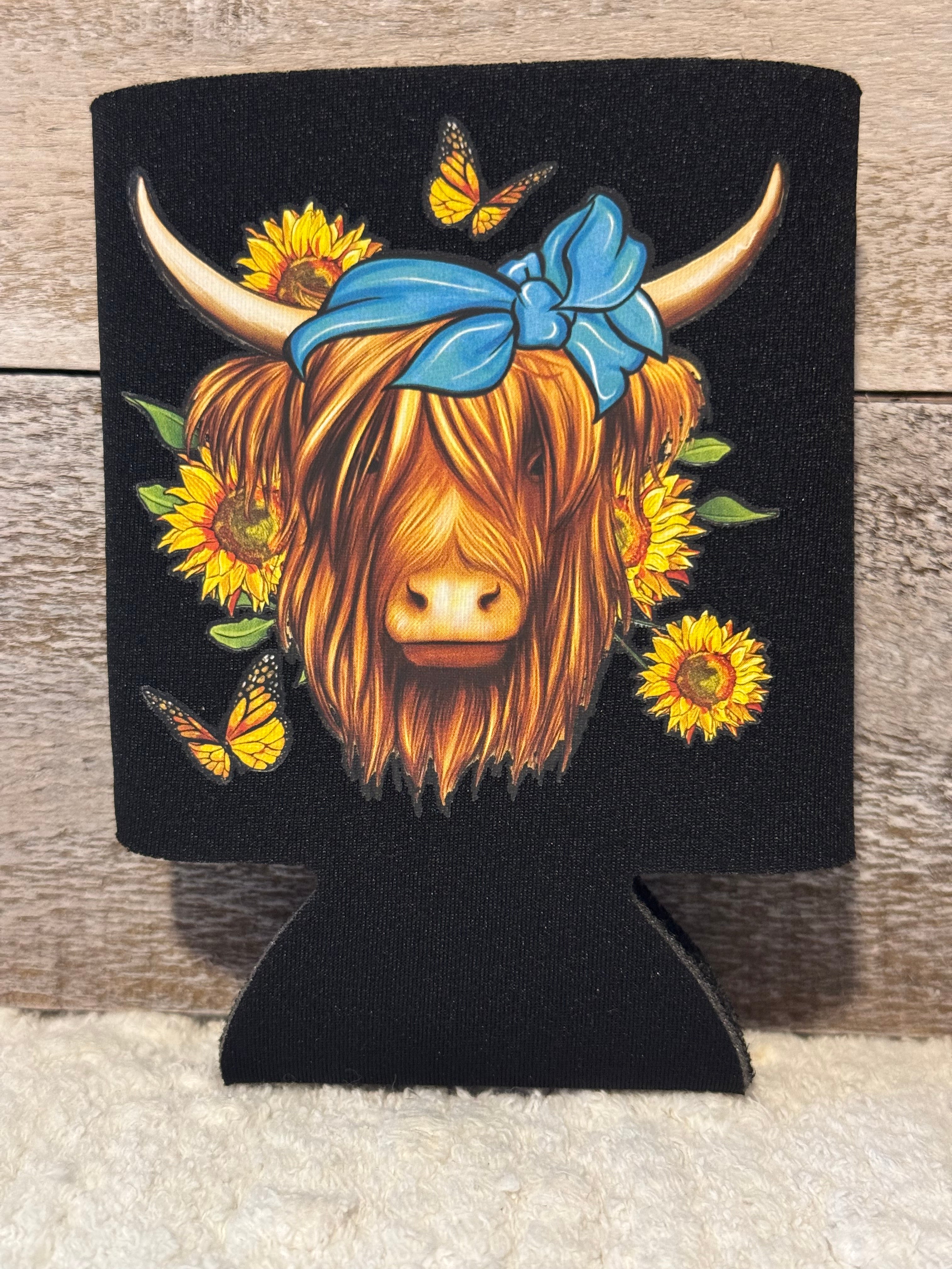 Highland Cow Butterflies & Sunflowers Koozie