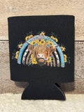 Highland Cow Rainbow & Flowers Koozie