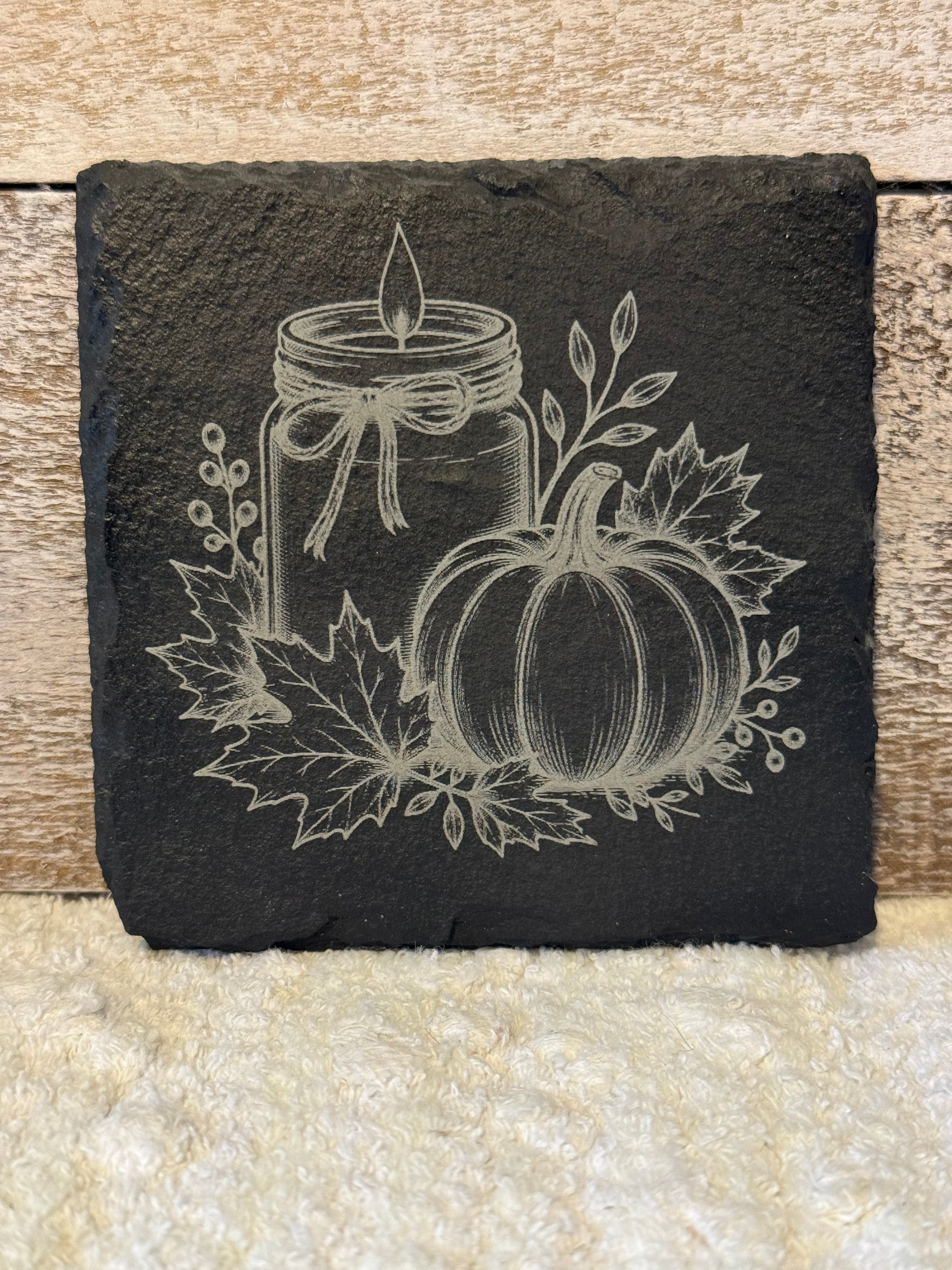 Pumpkin & Candle Laser Engraved Slate Coaster