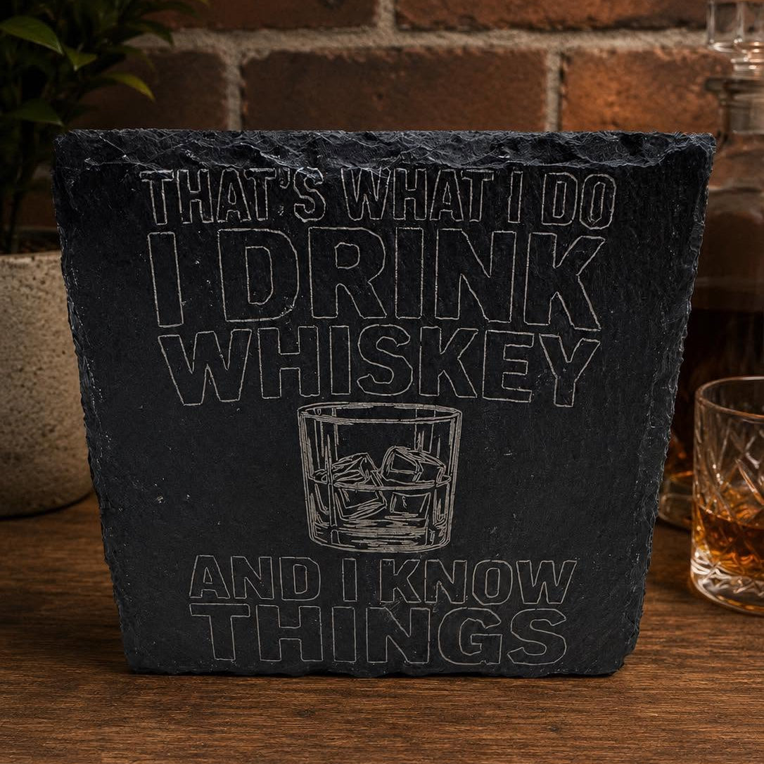 Laser Engraved Slate Square Coaster – "That's What I Do, I Drink Whiskey and I Know Things"